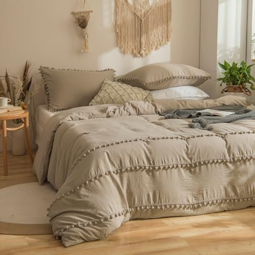 Tospass Boho Bettwäsche 220x240 Braun 3Teilig Modern Aesthetic Bohemian Pom Pom Bettwäsche-Sets Gewaschene Microfaser, 1 Bettbezug 220x240 und 2 Kissenbezug 80x80 mit Reißverschluss
