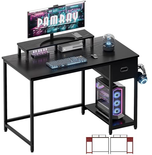 Pamray 39 Inch Computer Desk with Monitor Stand Small Home Office Desks with Non-Woven Storage Drawer for Bedroom Study Table Writing and Work Desk Black