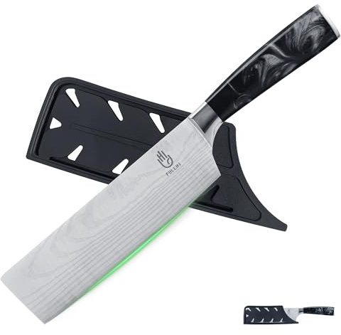 FULLHI Coltello Nakiri con protezione, colore 17cm coltelli giapponesi, carne Veg taglio coltello da cucina in acciaio inox con guaina (Resina nera)