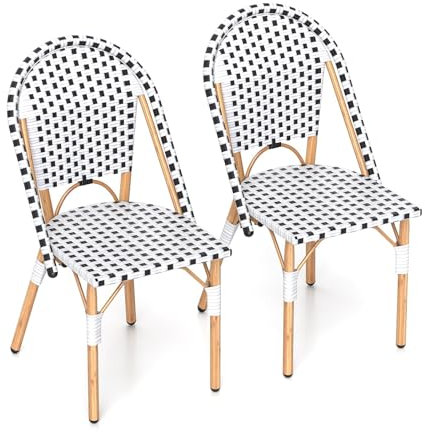 GIANTEX Gartenstuhl für den Außenbereich, 2 Stück, Esszimmerstuhl aus Rattan und Rahmen aus verzinktem Metall, Gartensessel ohne Armlehnen, mit Karomuster, 41 x 57 x 89 cm