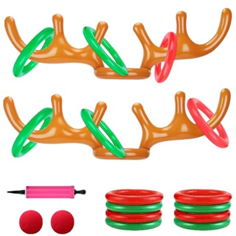 2 Set Jeu Lancer Anneaux, Jeu Lancer Bois Renne, (2 Bois 8 Anneaux 2 Nez de Clown 1 Pompe) Renne de Noel Gonflable, Convient pour Les Fêtes de Noël, Les Jeux de Famille, Les Jeux de Plein Air
