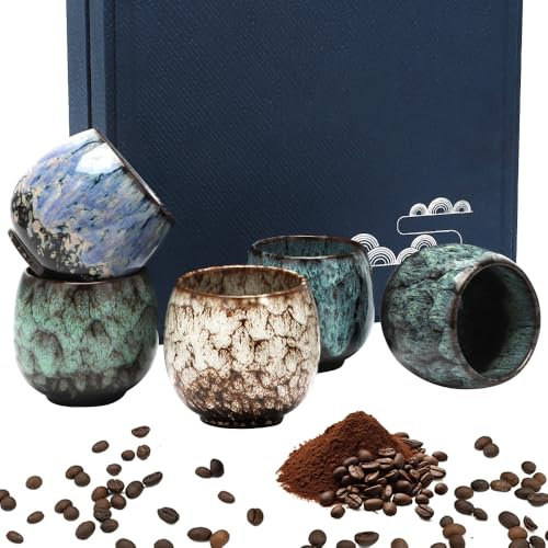 Espressotassen Set 5-teilig, 110ml Mini Espressobecher ohne Henkel, Kleine Teetasse Kaffeetasse aus Dickwandigem keramik Espresso Mokkatassen Kaffeebecher Geburtstags Geschenk für Männer/Frauen