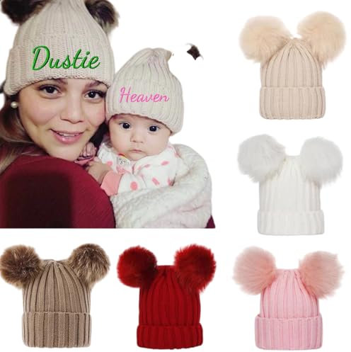 Personalisierte Baby-Bommelmütze, Individuelle Baby-Namen Plüsch-Bommelmütze, Warme Kinder-Wintermütze, Gestrickte Wollmütze Für Mutter Und Baby, Kinder-Polka-Dot-Mütze Mit Zwei Bommeln(Adult Size)