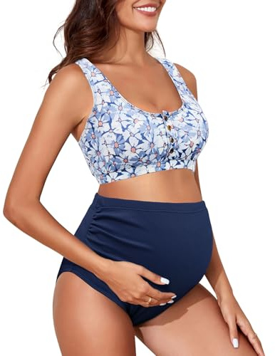 Century Star Maternity Swimsuit High Waist Ribbed Two Piece Bikini Set Bathing Suit for Women Pregnancy Swimwear Blue Floral Medium