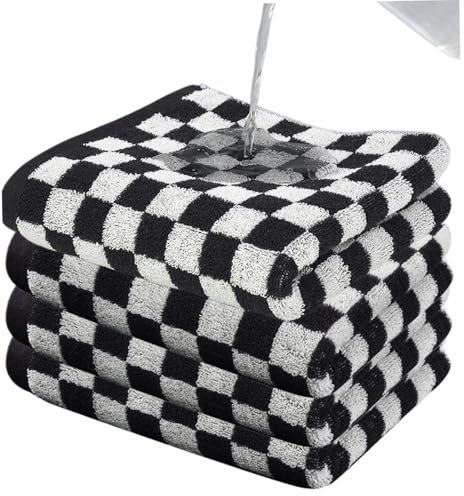 Karierte Handtücher, 4 Stück, 14,6 x 29 Zoll, saugfähige schwarz-weiß karierte Handtücher, weiche, bequeme karierte Badetücher aus Baumwolle für Zuhause, Hotel, Wohnheim, Gesichtstücher zum Waschen de