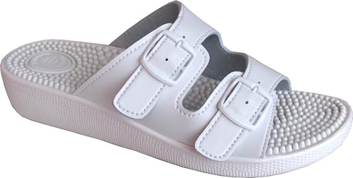 EKO FIT - Sandalia de Casa para Mujer con Plantilla de Masaje con Puntos – Estimula la Circulación – Máximo Confort – Dos Hebillas Ajustables - BLANCO 40