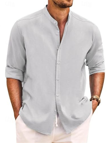 Yageshark skjorta herr linneskjorta långärmad sommarskjorta button down ståkrage skjortor fritidsskjorta casual normal passform strandskjorta linne skjorta