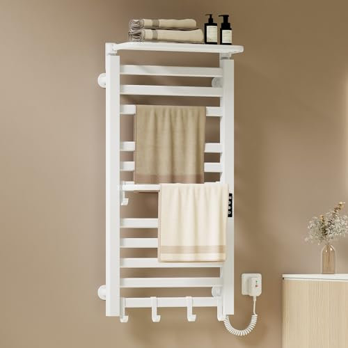 EMKE Toallero Eléctrico Baño 1000 x 500 mm,Blanco, 280W, Radiador toallero eléctrico con Estante y Ganchos, Temperatura Ajustable 30-70°C, Función Temporizador&Memoria,Toallero electrico