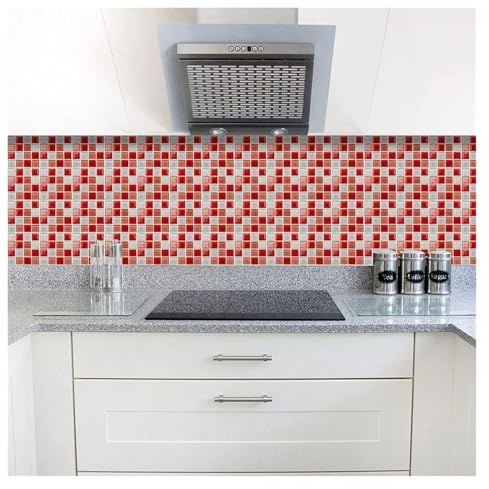 Stick on Tiles Red White Checkered PVC Self Adhesive Wall Tiles Heat Resistant for Kitchen Bathroom Waterproof Peel and Stick Floor Tiles Tile Paint 15x15cm(30x30cm)