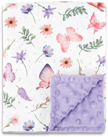 Pea Pod Baby Girls Blanket Soft Butterfly Minky Blanket for Newborn, 30'' x 40'' Double Layer Design, Dotted Backing Warm Baby Quilt Crib Blanket for Nursery/Stroller/Toddler Bed/Baby Car Seat