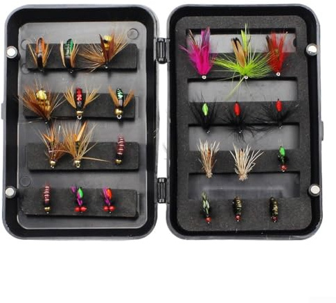 Yhenlovtt Juego de moscas con 24/32 piezas en seco y húmedo, hecho a mano y Grayling Surtido de ninfas, pesca con mosca, juego de hormigas para pesca de lubina, trucha, salmón y señuelo (C24 piezas)