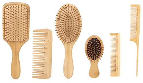 MIMEITOPA Juego de cepillos para el pelo, cepas de bambú premium para peinar, desenredar y masaje, juego de viaje de 6 piezas con cojín de aire, mango ergonómico