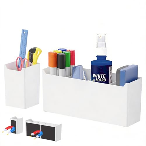 FRETONBA Porte Crayon Magnétique Tableau Blanc avec 3 Séparateurs Amovibles | Porte Stylo Magnetique, Rangement Feutre Aimanté, Magnetic Pen Holder pour École, Frigo, Grand+Petit