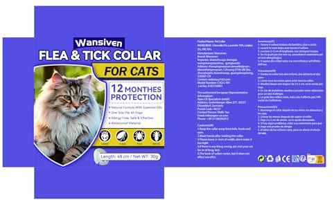 Wansiven Collare Antipulci per Gatti, Collare Antizecche Naturale Regolabile 48 cm, Protezione 12 Mesi
