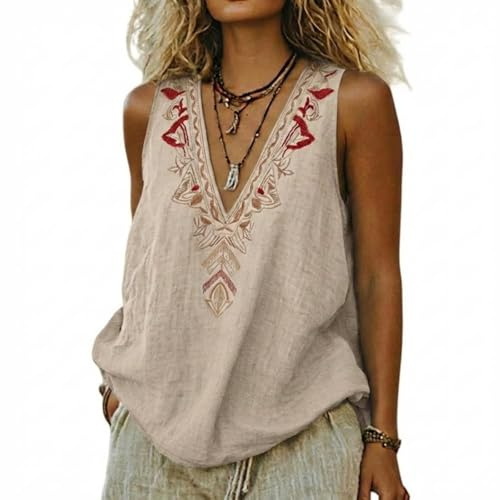 Débardeur Femme Coton Et Lin Col V sans Manches Top Été Brodé Chic Blouse Boheme Tunique Femmes Grande Taille Haut Habillé Vêtement Ample Décontracté Chemise De Plage Débardeurs Tee Shirt
