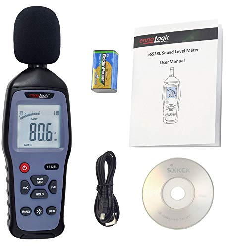 eS528L Decibel Meter and Recorder by ennoLogic – Digital Sound Level Meter and Noise Logger – Max/Min/Hold, 30-130 dBA Range, Updated Software