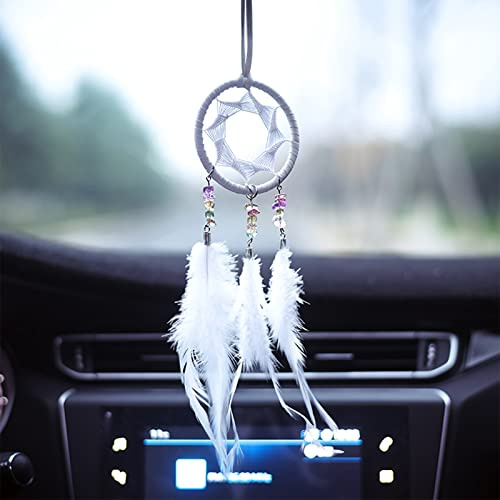 Acchiappasogni Fatto a Mano Catcher da Sogno con Piume, Piuma Acchiappasogni Interni Auto Specchietto retrovisore Ornamento da Appendere, per Ragazze Casa Parete Decorazione Matrimonio(Bianco)