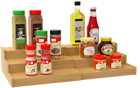 Lenwi Spice Rack Organizer for Cabinet, 3 Tier Expandable Bamboo Spice Storage for Kitchen Cupboard Pantry