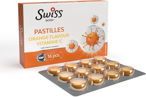 SWISS BORK Orange & Vitamin C Pastilles — Highly Effective to Provide Sore Throat Relief — Ideal Pastille to Get Rid of Throat Inflammation, Dry and Phlegmy Cough (16 PCS)