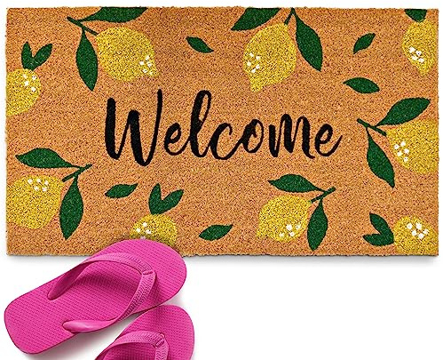 MAINEVENT Lemon Doormat, 30x17 Inch, Outdoor Rug, Yellow Coir Doormat, Hello Spring Door Mat
