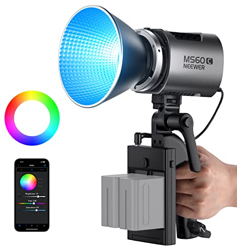 NEEWER MS60C 65W RGBWW Luz Video LED 2,4G/App Control Mini Compact Handheld RGB Iluminacion Video Continua COB Foco Lampara Bowens Mount 2700K-6500K/8300lux@1m/CRI 97+/TLCI 98+/17 Efectos + RGBCW