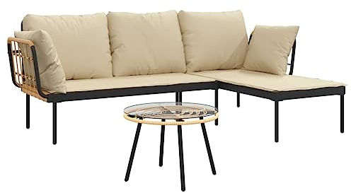 vidaXL Garten Lounge Set 3-TLG., Gartenmöbel Set mit Beigen Kissen, Sitzgruppe für Garten Terrasse, Loungemöbel Sofa L-Form, Poly Rattan