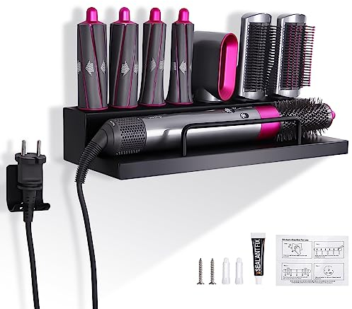 Birshe Wandhalterung Halter für Dyson Airwrap Styler Zubehör, Schwarz Aufbewahrungshalter für Dyson Airwrap, Lockenstab Halterung für Dyson Airwrap mit Kleber, Schraubbare Montage, Aluminium