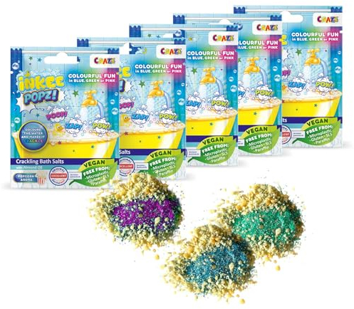 INKEE POPZ Set de 5 | Sel de bain enfant coloré en rose, bleu & vert - Sels de bain crépitants à l'huile d'amande douce & arôme pop-corn, 5x sachets de 15g