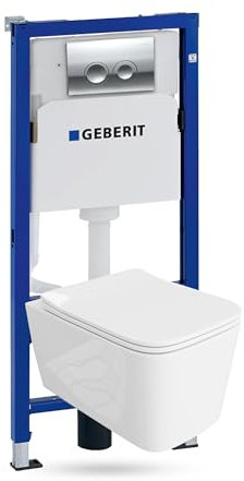 Duofix Murya Ensemble WC complet avec élément mural et évier profond, blanc, sans bord, plaque de commande Delta 25, bouton chromé, kit complet de chasse encastrée, WC complet