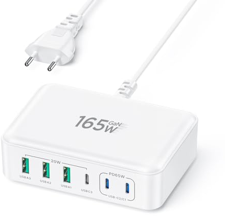 USB C Ladegerät, 165W 6-Port USB Mehrfach Ladegerät, 100W Schnellladegerät USB C PD 3.0 Power Adapter, USB Netzteil für MacBook Pro/Air,iPhone 16/15/14/13,Samsung S24/S23