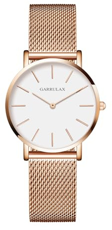 Garrulax Damen ultradünnes Gehäuse Analoge Quarzuhr Armbanduhren 36MM(Gold, weiße Oberfläche, Goldarmband)
