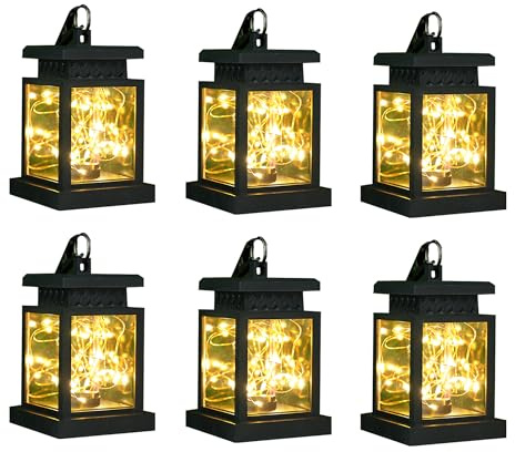 JHY DESIGN Set of 6 Solar Lantern Lights Outdoor Waterproof Solar Powered Table Lamp Hanging Lighting with Warm LED Fairy String Lights for Patio Garden Landscape Decoration Yard Lawn (with Clamp)