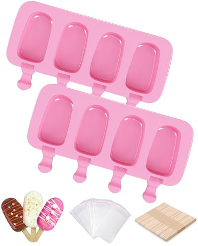 Ouddy Life Popsicle Molds Set of 2, Ice Pop Molds Silicone Cake Pop Mold | 4 Cavities Ice Cream Oval Cakesicle Molds with 50 Wooden Sticks for DIY Popsicle, Pink