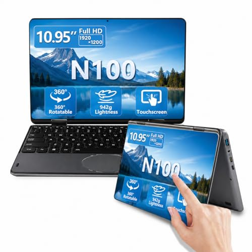 BINHENGLON Celeron N100 - Computer portatile convertibile 2 in 1 con touchscreen da 11 pollici (fino a 3,4 GHz), Win 11,16 GB DDR4,1920 x 1200 IPS, tastiera retroilluminata, pulsante laterale di