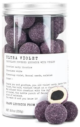 Haupt Lakrits Ultra Violet Licorice – Salty Swedish Black Licorice with Gourmet White Chocolate Coating and Delicate Violet Flavor – Small Batch Vegetarian Candy, No Nuts – 8.8 oz