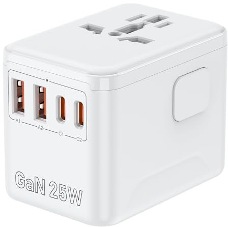 Adaptateur Prise Universelle, Adaptateur Voyage Universel avec 2 USB C et 2 USB A, 2500W Prise Universelle Voyage, Compatible USA, UE, Japon, UK, Australie, Mexique & 180+ Pays Blanc