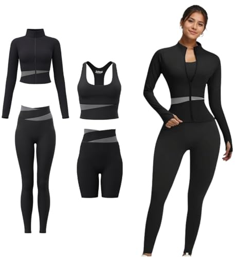 ZiaWorld Ensemble de yoga 4 pièces pour femme avec fermeture éclair - Veste à manches longues - Leggings de sport rembourrés - Pour course à pied, fitness - Survêtement sans couture