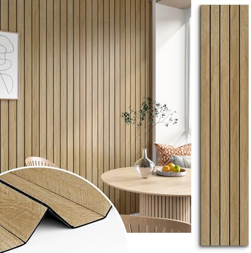STICKEEP 3D Brown Wood Wall Panels 200x12 Acoustic Slat Wall Paneling Peel and Stick Wood Panels Self Adhesive Flexible Veneer Wooden Slats Wallpaper for Bedroom Living Room Workshop Wall Decor