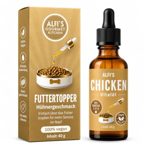Alfi's Vitalolja Golden Chicken – Vegan foderbooster med omega-3 & -6, antioxidanter från nattljus, oliv & linolja – 100 % vegetabilisk, näringsrik