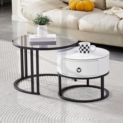 SHARPDO Tables Basses gigognes, Pierre Sinterisée & Verre trempé, Tiroir Simili Cuir Blanc, Lot de 2, Ø 60/45 cm, Design Moderne pour Salon, Ronde
