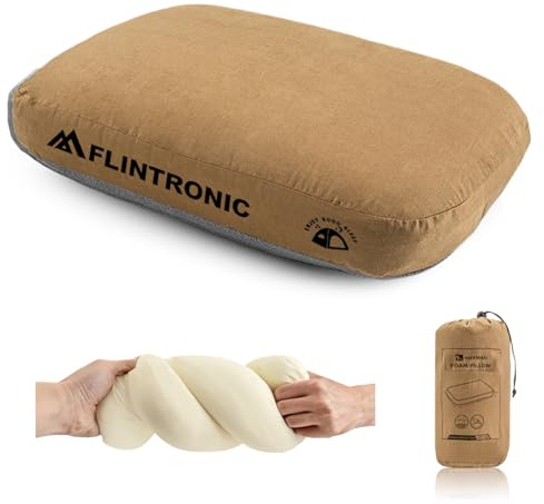 flintronic Oreiller de Camping, Coussin de Camping en Mousse à Mémoire de Forme, Oreiller de Voyage Ultra Léger et Ergonomique, pour Soutien du Cou, pour Randonnée, Voiture, Voyage, Avion - Brun Café