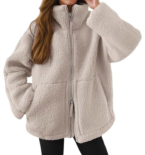 Generisch Chaqueta de forro polar para mujer, chaqueta de felpa, chaqueta de transición cálida, forro polar, oversize, cremallera, beige, monocolor, chaqueta de peluche, chaqueta de invierno, manga