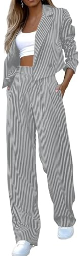 Generisch Tailleur pantalone da donna, elegante, business, matrimonio, 2 pezzi, blazer corto con colletto a risvolto, pantaloni a vita alta, chic, festivo, a righe, completo, outfit, tuta da tempo