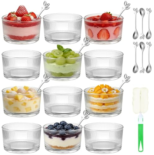 Mispudin 12 Pezzi Bicchieri da Dessert Vetro, 200ml Trasparente Ciotola per Dessert in Vetro con 12 Cucchiai, Spazzola, Coppe Gelato, Strisce Coppette per Tiramisù, Budini, Panna Cotta, Snack