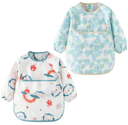 Gripiti Baby Bibs with Long Sleeves 2 Pcs, Waterproof Weaning Bib with Large Pocket Unisex Machine Washable Adjustable Feeding Apron for Infant Toddler Painting 6 Months to 3 Years Old