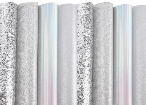 CALFOVERA 8 rulle silverglitter PU-läder 4 stilar 33 x 20 cm tjock. Mycket högkvalitativt enfärgat konstläder tyg perfekt för sömnad örhängen