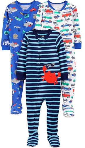 Simple Joys by Carter's Pijama de algodón con pies ajustados para niños pequeños y bebés, paquete de 3, Blue Sea Life/Navy Stripe/White Cars, 6-9 meses
