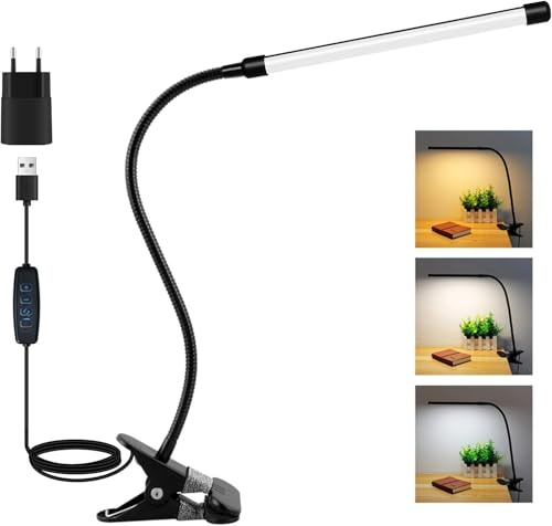 Akynite LED-skrivbord, klämbar, svart, adapter ingår, USB-port klämlampa med kabel, 3 färgförändringar, 10 ljusstyrka, LED svanhals, lampklämma, lä, säng