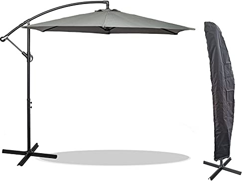 GardenCo 3m Cantilever Banana Parasol + WEATHERPROOF COVER - Hanging Parasol with Crank Handle - Outdoor Garden and Patio Sun Shade - (Grey)