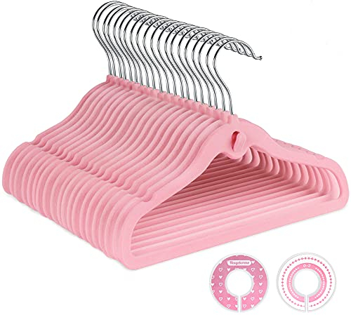 Hengsong Samt Baby Kleiderbügel Set, 100 PCs Baby Kleiderbügel und 32 PCs Baby Kleiderschrank Teiler, Kinderbügel mit Extra-Haken, platzsparend, rutschfest, für Kleiderschrank Schrank Kleidung, Rosa